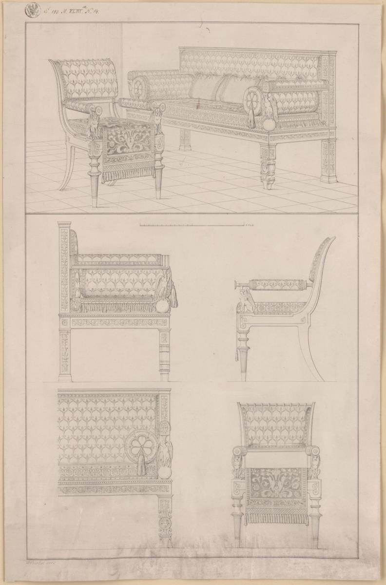 Vorzeichnung für die Vorbilder für Fabrikanten und Handwerker. Teil 2, Abteilung 2, Blatt 17: Entwurf für einen Armlehstuhl und ein Sofa für das Palais des Prinzen Albrecht von Preußen in der Wilhelmstraße 102 in Berlin