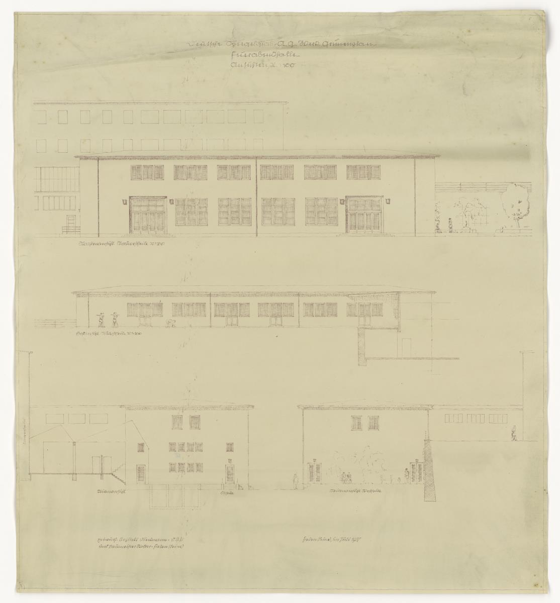 Feierabendhalle, Ansichten, Auftrag Deutsche Spiegelglas AG Werk Grünenplan, Freden, Leine (Lagepläne und Gebäude)