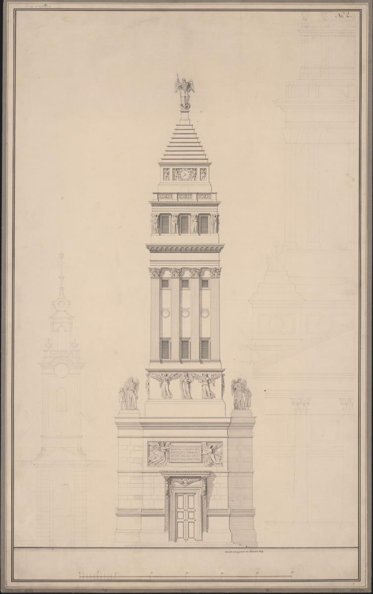 Berlin, Spittelmarkt. Entwurf zur Gertraudenkirche. Turm mit bekrönender Figur des Erzengel Michael / Entwurf zu einem Kirchturm & Turm der alten Gertraudenkirche