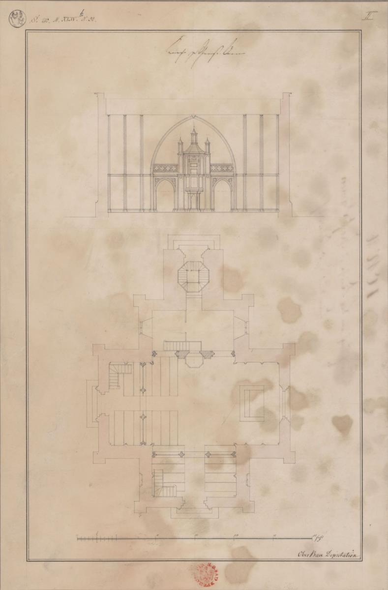 Großbeeren. Entwurf zur Dorfkirche. Grundriss und Querschnitt