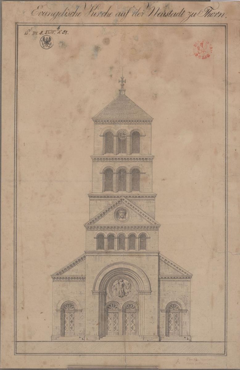 Thorn (Toruń), ehem. Regierungsbezirk Marienwerder (Województwo K	ujawsko-Pomorski. Entwurf zu der evangelischen Kirche der Neustadt. Vorderansicht