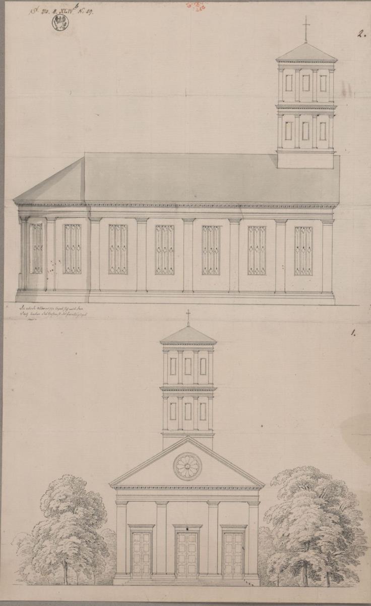 Arnsberg. Entwurf zur evangelischen Kirche. Vorder- und Seitenansicht