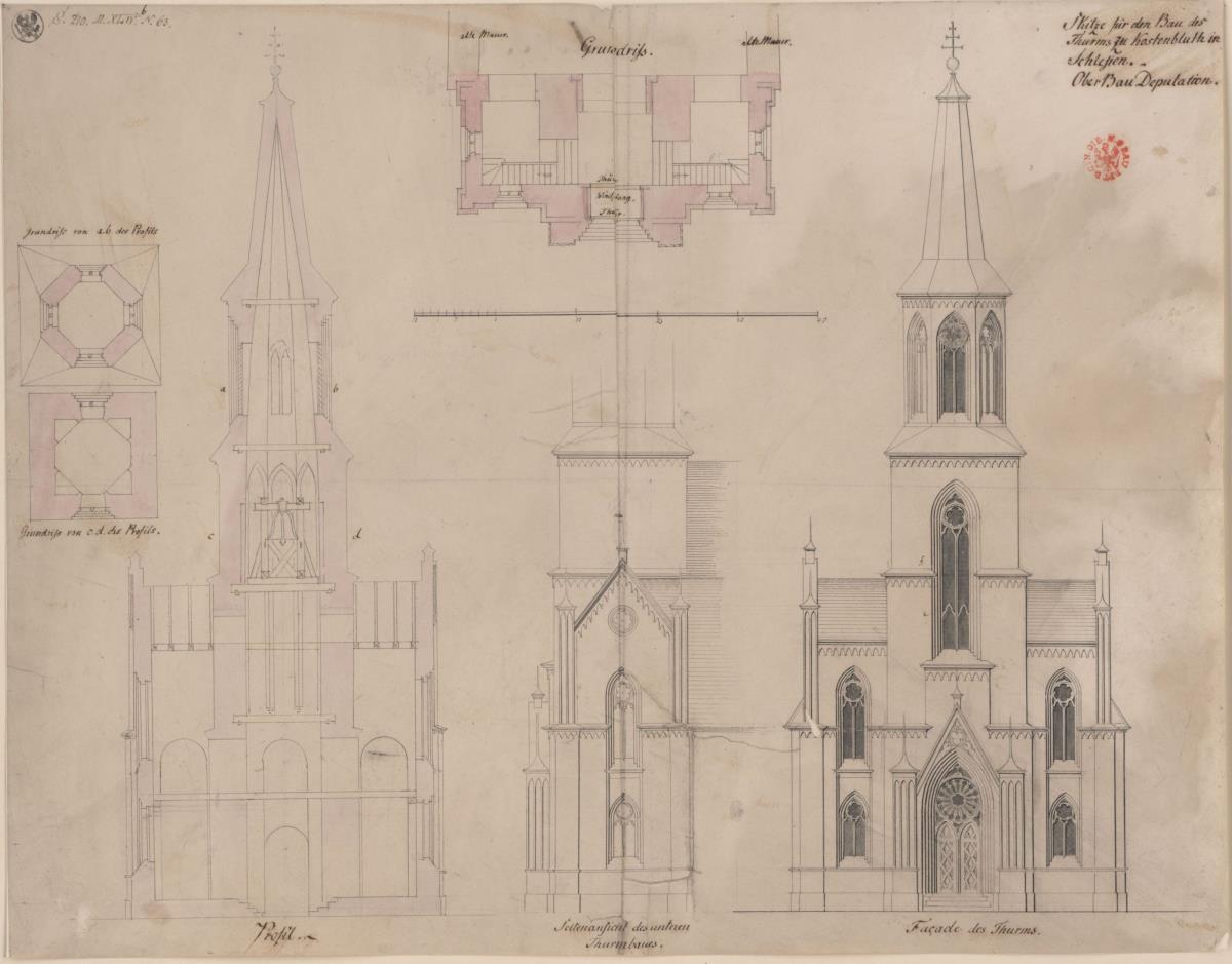Kostenblut (Kostomłoty, ehemals Kreis Neumarkt). Entwurf zum Neubau des Turms der katholischen Kirche. Grundrisse, Querschnitt und Aufrisse