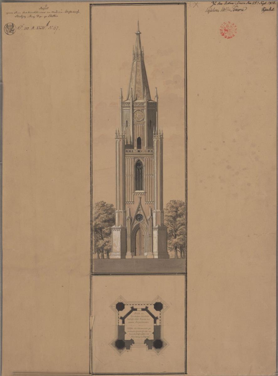 Brietzig (Pommern). Entwurf zum Neubau des Kirchturms. Grundriss und Vorderansicht