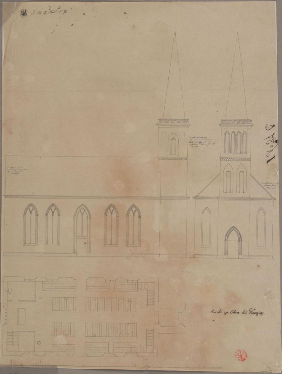 Ohra (Orunia), ehemals Stadtkreis Danzig (Gdańsk, Woidwodschaft Pomorskie). Entwurf zur evangelischen Kirche (jetzt Salesianerkirche). Seitenansicht, Fassade und Grundriss
