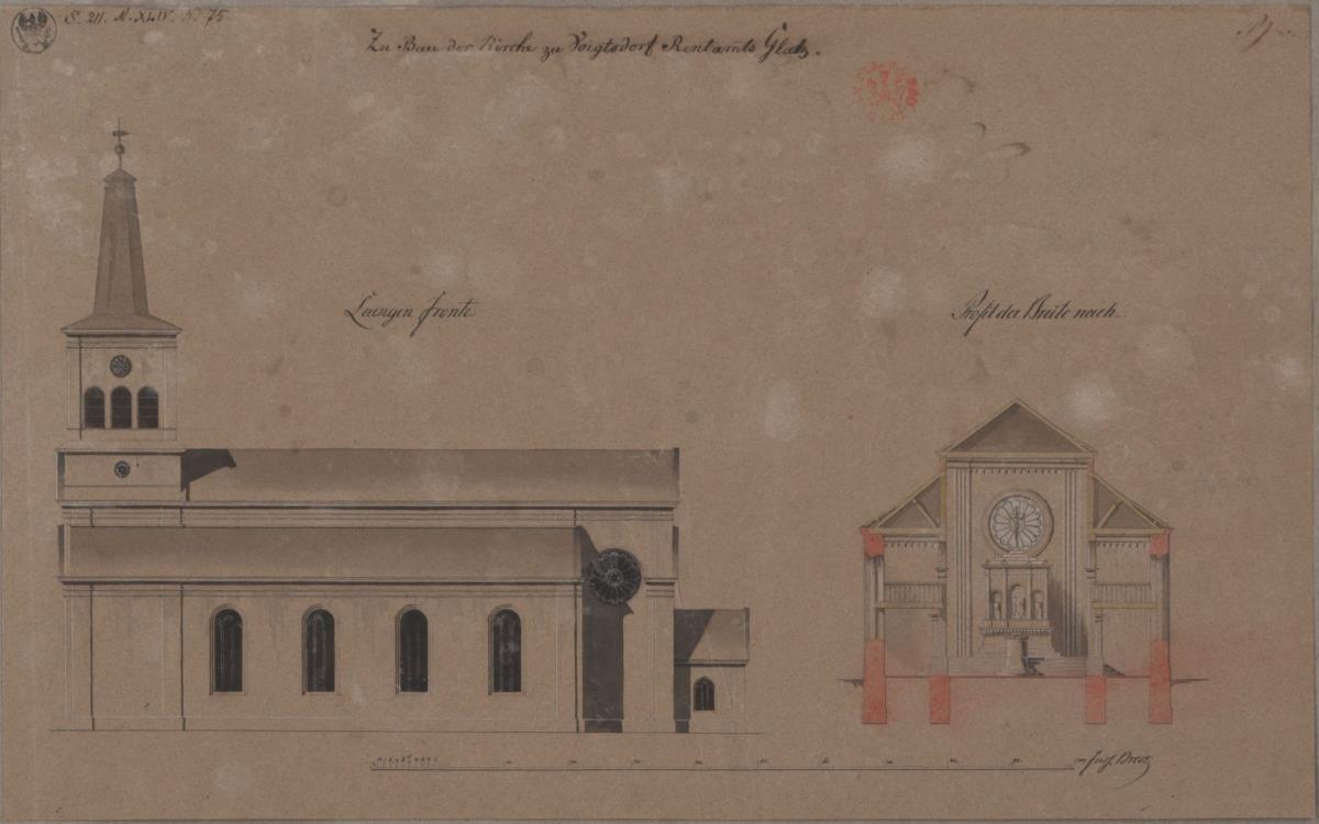 Voigtsdorf (Wójtowice, Schlesien). Entwurf zur katholischen Kirche. Aufriss der Längsseite und Querschnitt zum Altar