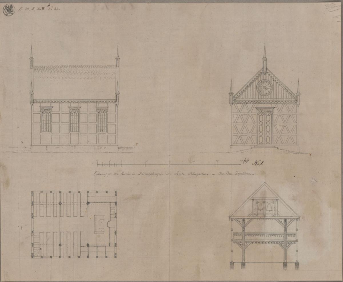 Döringshagen (Wołowiec), ehemals Kreis Naugard, Regierungsbezirk Stettin (Województwo Zachodniopomorskie). Entwurf zu einer Kirche. Grundriss, Ansichten und Querschnitt