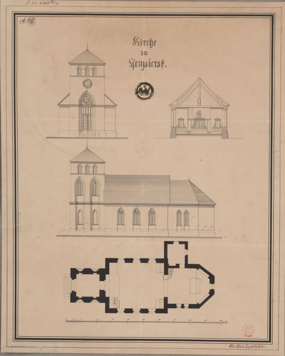 Przysiersk, ehem. Kreis Schwetz, Regierungsbezirk Marienwerder (Województwo Kujawsko-Pomorskie). Korrekturentwurf zu Katholischen Kirche. Grundriss, Ansichten und Querschnitt