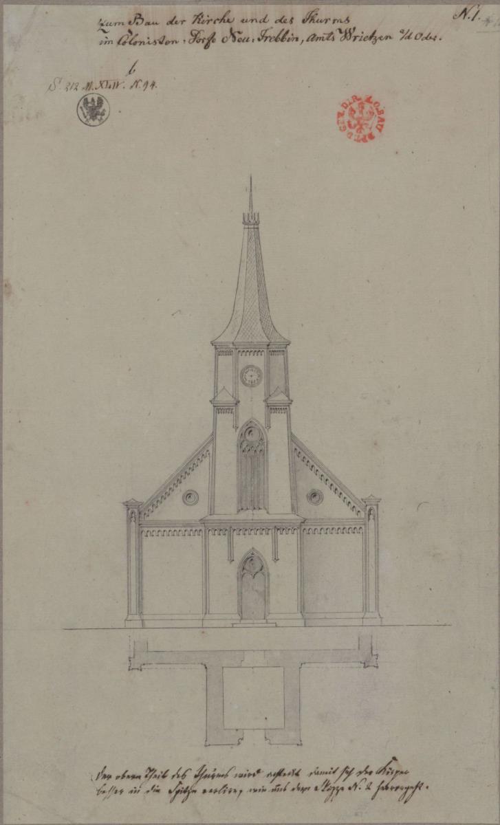 Neutrebbin. Entwurf zur Dorfkirche. Aufriss der Hauptseite und Grundriss