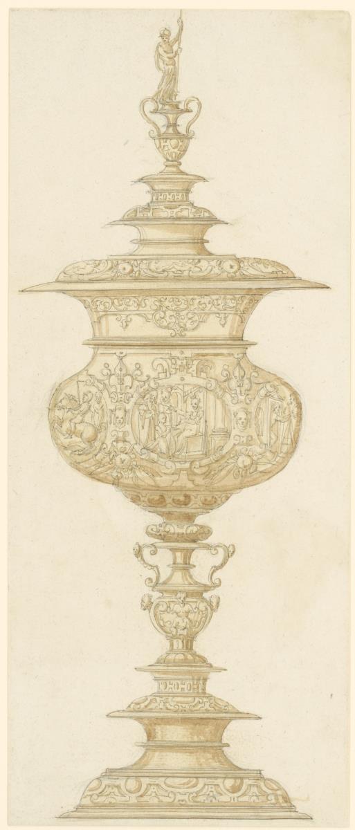 Pokal mit Deckel, mit Figuren und figürlichen Szenen verziert