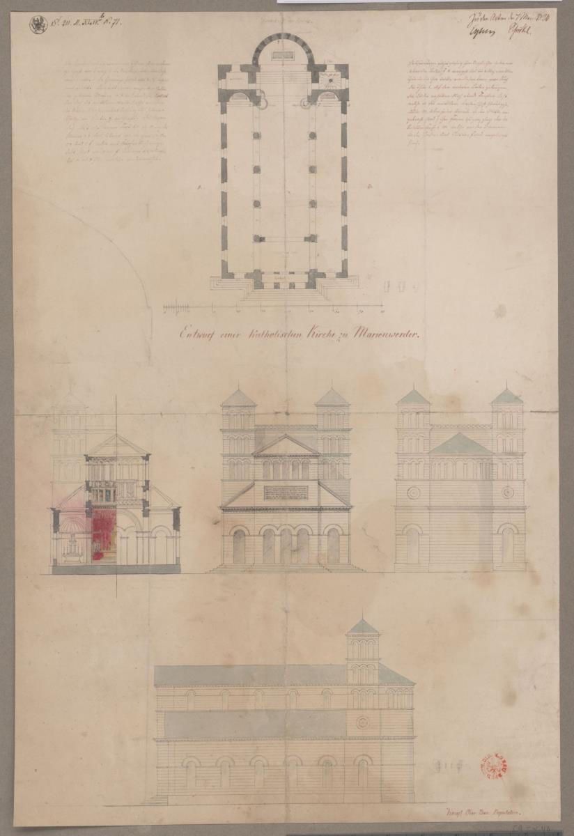 Marienwerder (Kwidzyn, Województwo Kujawsko-Pomorskie). Entwurf zur katholische Kirche. Grundriss, Schnitte und Ansichten