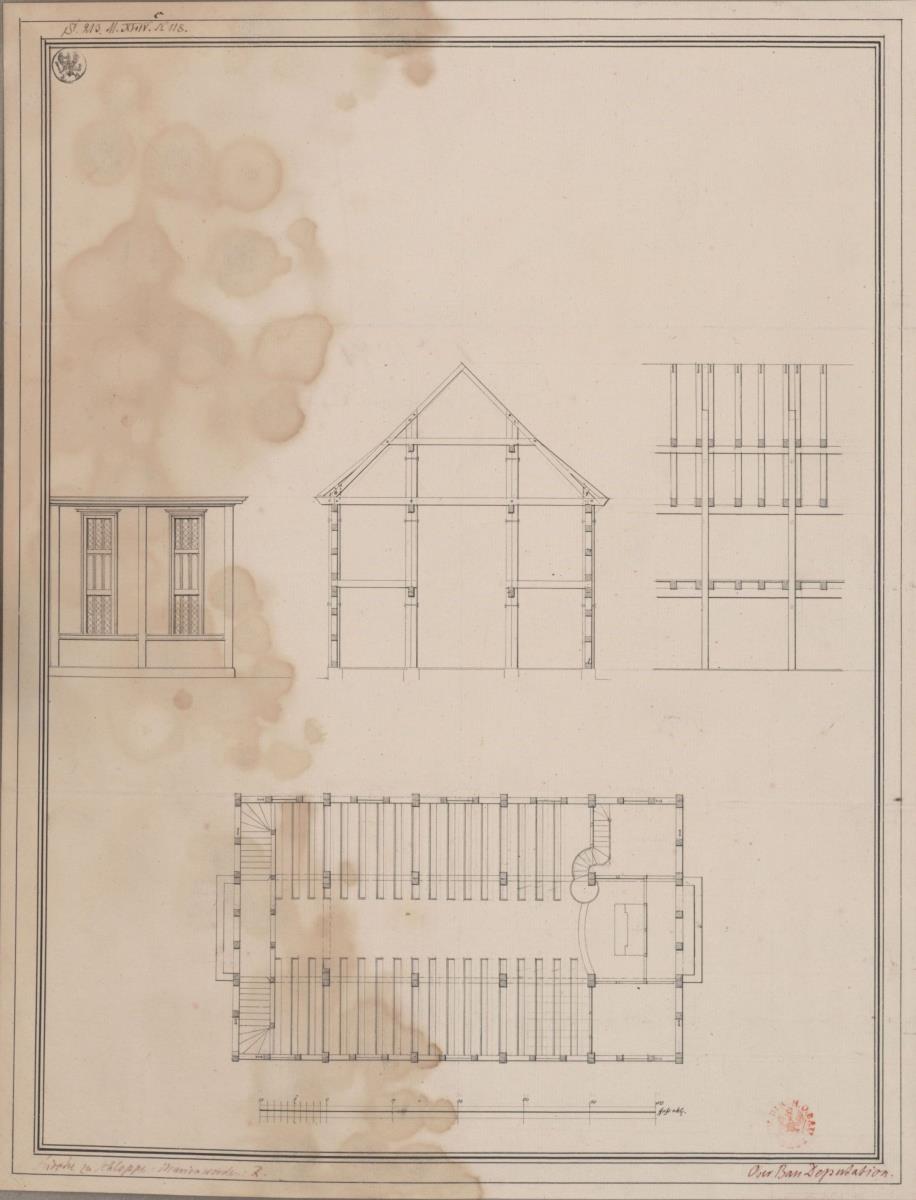 Schloppe (Człopa), ehemals Kreis Deutsch Krone, Regierungsbezirk Marienwerder (Województwo Zachodniopomorskie). Entwurf zur evangelischen Kirche. Grundriss, Querprofil und Teil der Längsansicht und des Längsprofils