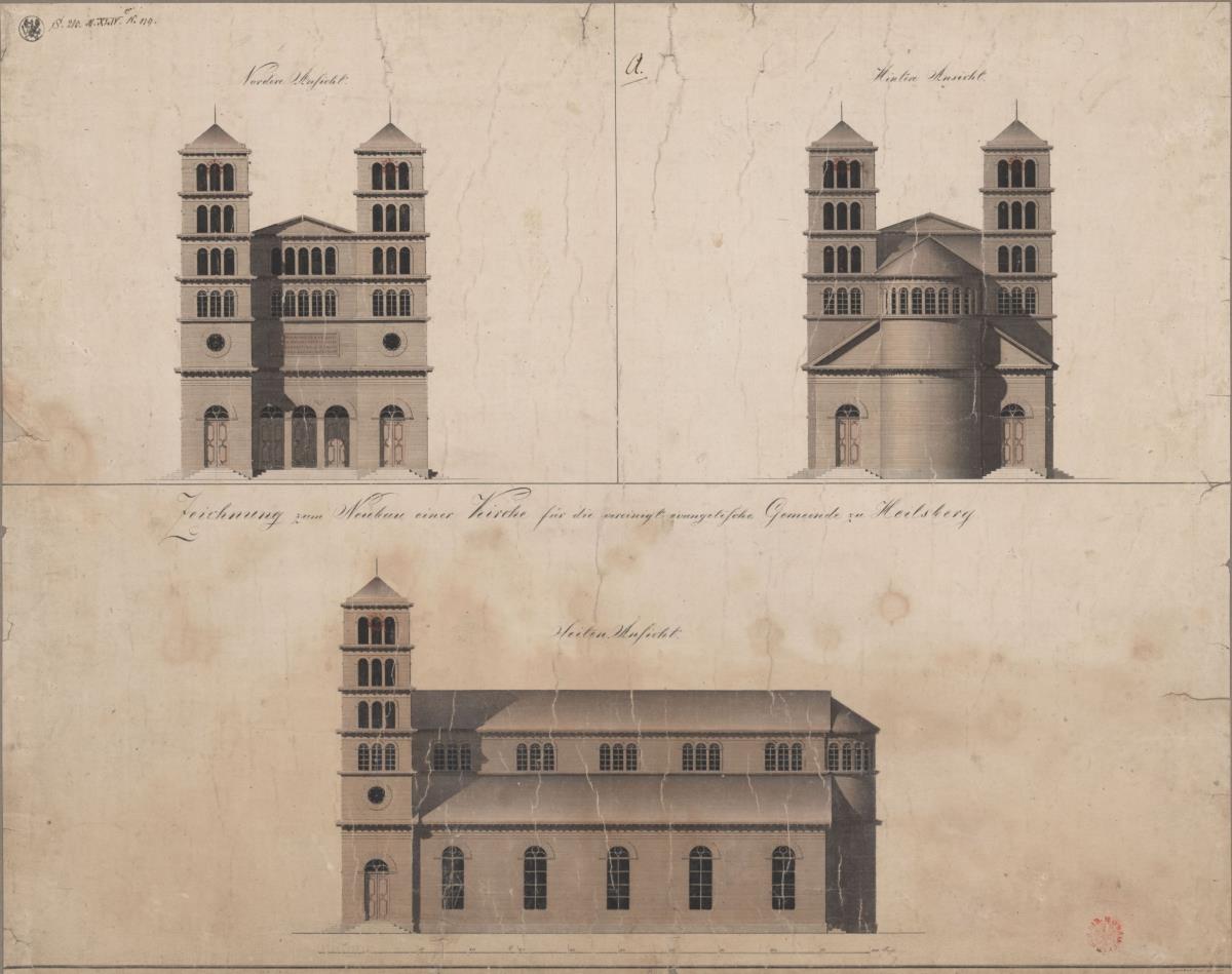 Heilsberg (Lidzbark Warmiński), ehem. Regierungsbezirk Königsberg (Województwo Warmiński-Mazurskie). Skizze zur evangelischen Kirche. Vorder-, Rück- und Seitenansicht