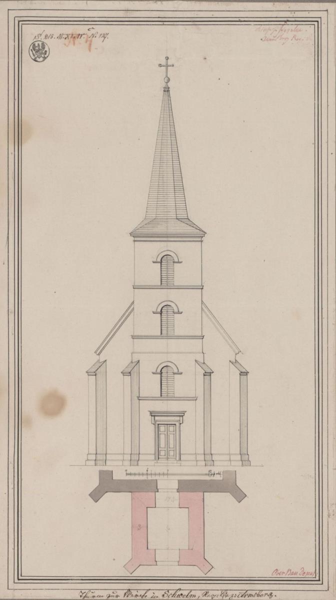 Schwelm. Entwurf zur katholischen Kirche. Grundriss und Vorderansicht des Turms