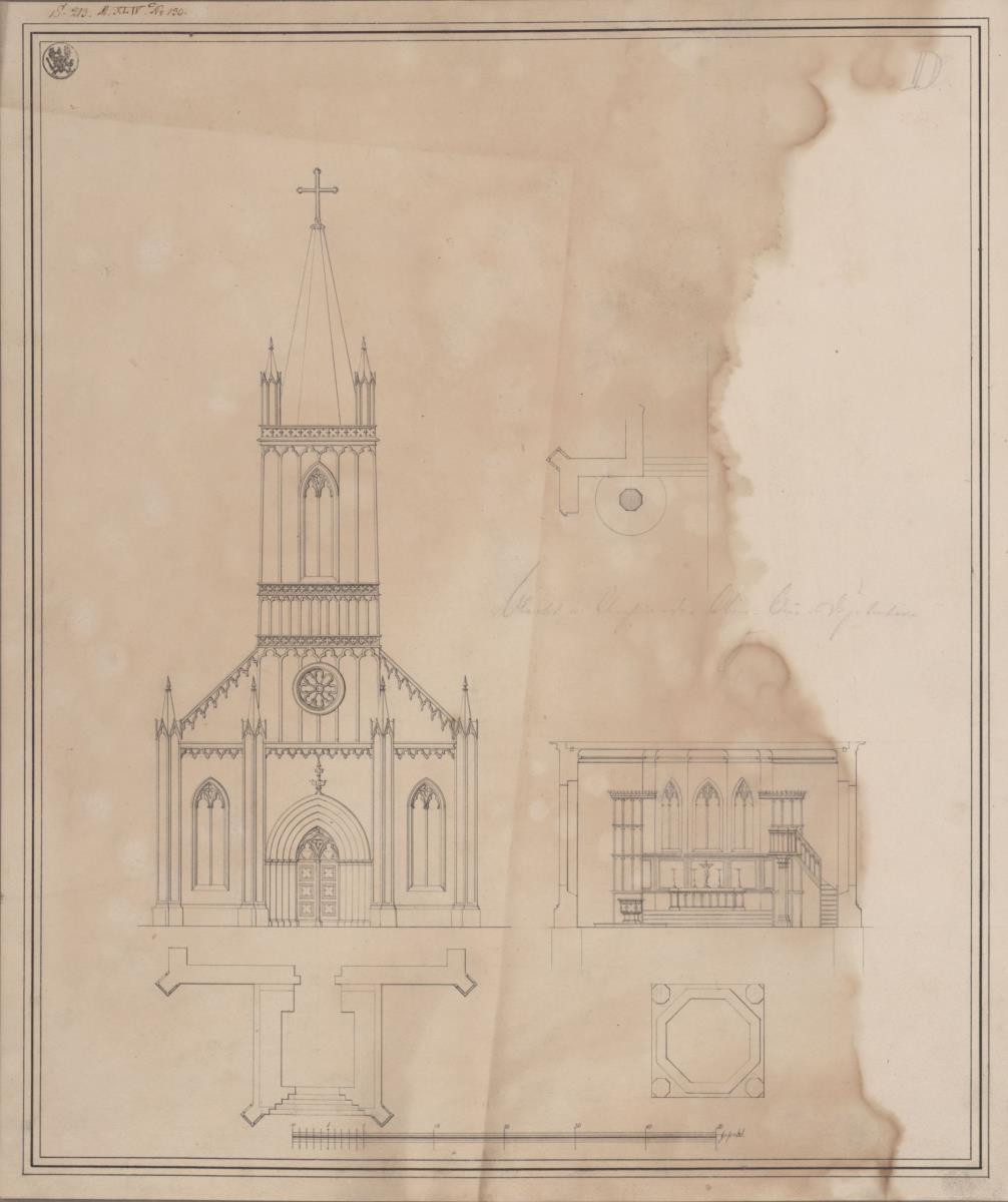 Crossen (Krosno Odrzańskie), Vorstadt Berg. Entwurf zur St. Andreas Kirche. Turmansicht, Grundriss, Querprofil und Teil des Grundrisses
