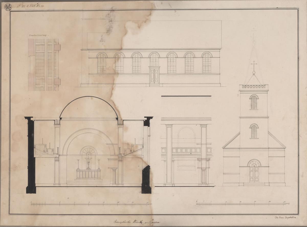 Gnesen (Gniezno), ehemals Regierungsbezirk Posen (Województwo Wielkopolskie). Korrekturentwurf zur evangelischen Kirche. Seiten- und Vorderansicht, Querprofil, Teil des Längenprofils und der Chorbalkenlage