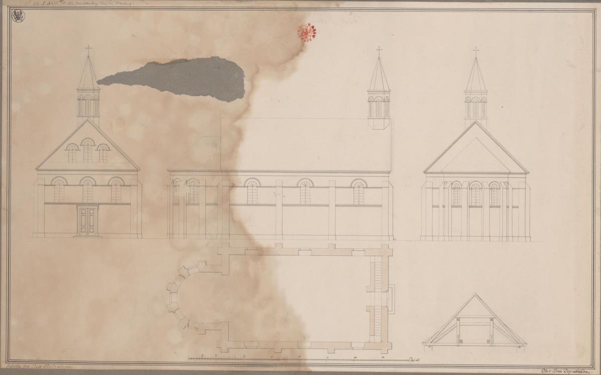 Neuastenberg bei Winterberg. Entwurf zur katholischen Kirche. Grundriss, Seiten-, Vorder- und Hinteransicht, Profil des Dachverbands