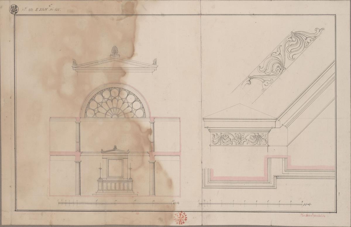Strelno (Strzelno), ehemals Regierungsbezirk Bromberg (Województwo Kujawsko-Pomorskie). Entwurf zur evangelischen Kirche. Querprofil und Detail der Giebelecke