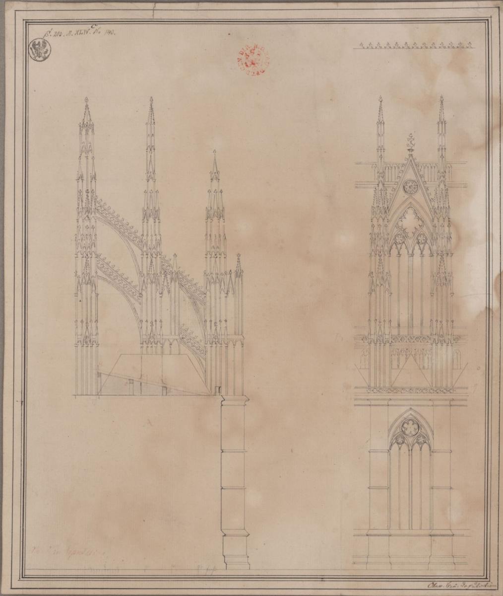 Kölner Dom. Chorkapellen mit Strebewerk. Aufriss und Querschnitt