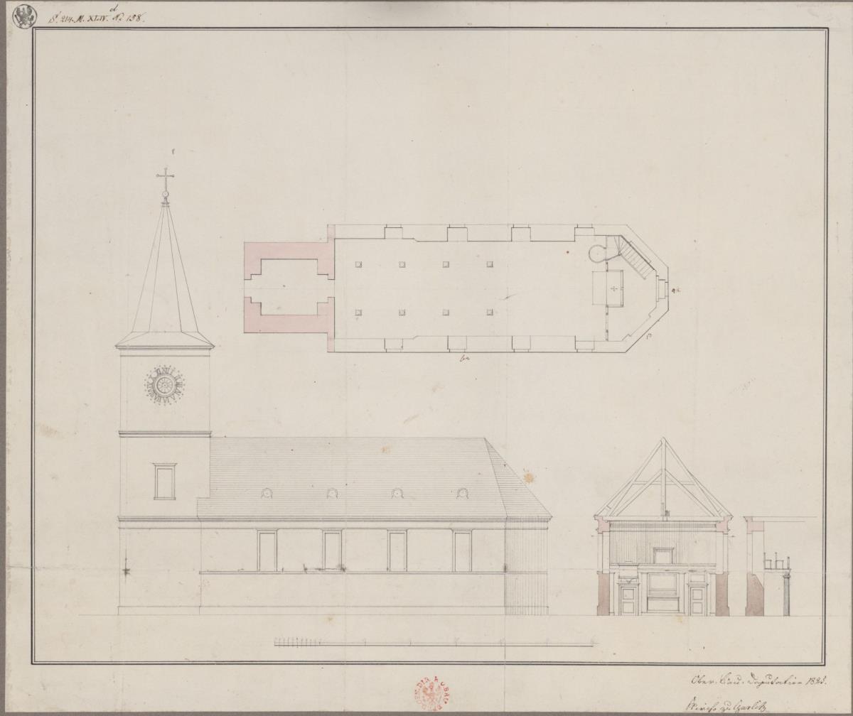Garlitz (Märkisch Luch) in Brandenburg. Entwurf zu einer Kirche. Seitenansicht, Grundriss und Querprofil