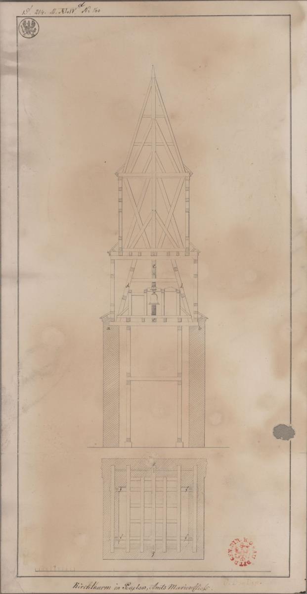 Pegelow (Gogolewo), ehemals Kreis Saatzig (Województwo Zachodniopomorskie). Entwurf zur Kirchturmspitze. Aufriss des Turms, Balkenlage im Grundriss und Aufriss