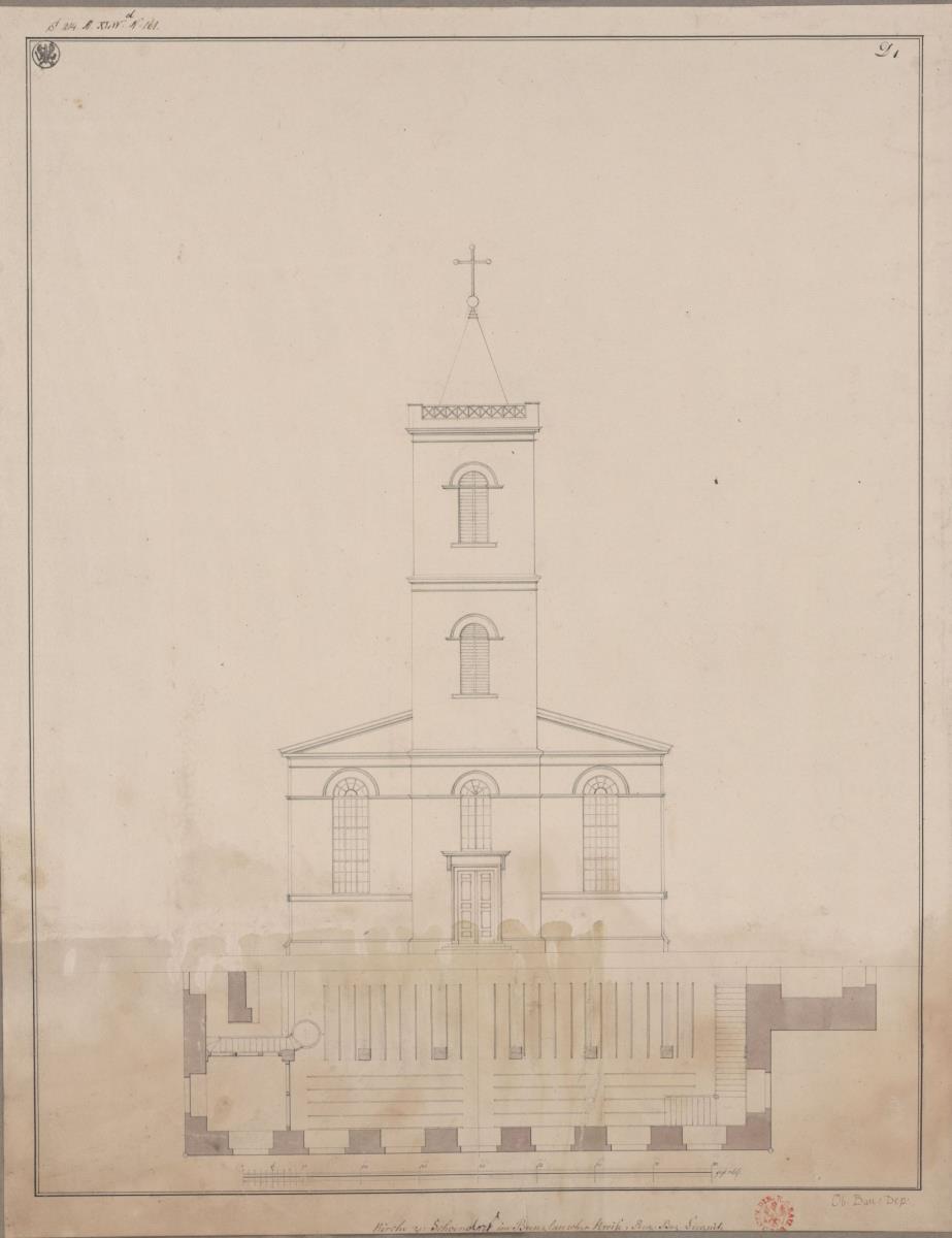 Schöndorf (Regierungsbezirk Liegnitz). Entwurf zur evangelischen Kirche. Aufriss und Teilgrundriss