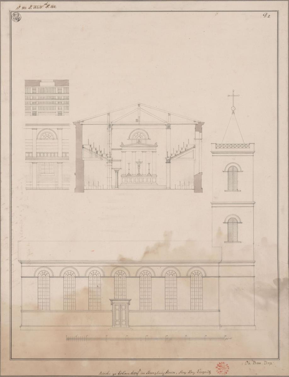 Schöndorf (Regierungsbezirk Liegnitz). Entwurf zur evangelischen Kirche. Aufriss der Seitenfassade und einer Fensterachse, Schnitt