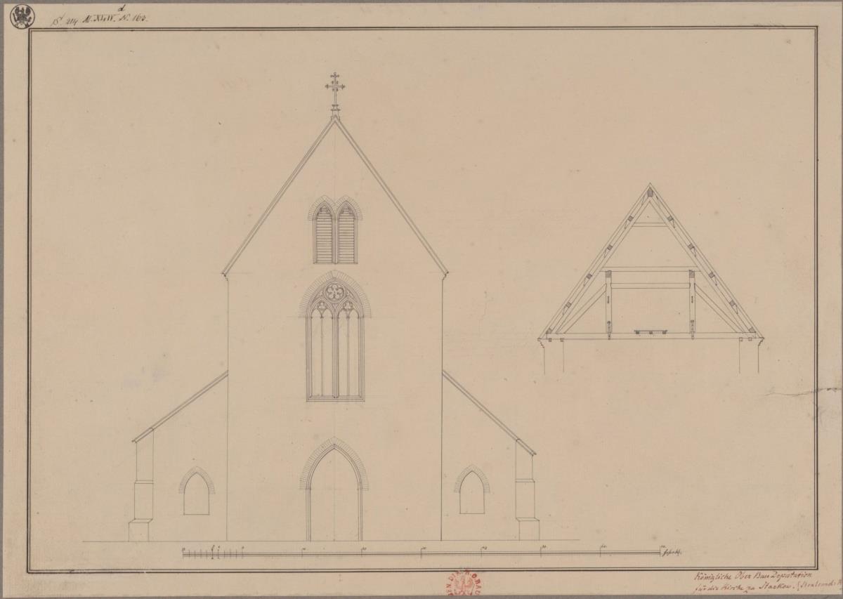 Velgast, Starkow. Entwurf zu einer Kirche. Vorderansicht und Profil des Dachverbands