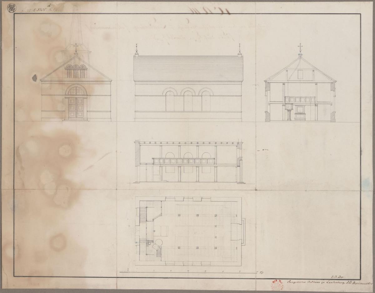 Lautenburg (Lidzbark), ehemals Kreis Strasburg, Regierungsbezirk Marienwerder (Województwo Warmińsko-Mazurskie). Entwurf zur  evangelischen Kirche. Grundriss, Vorder- und Seitenansicht, Quer- und Längenprofil
