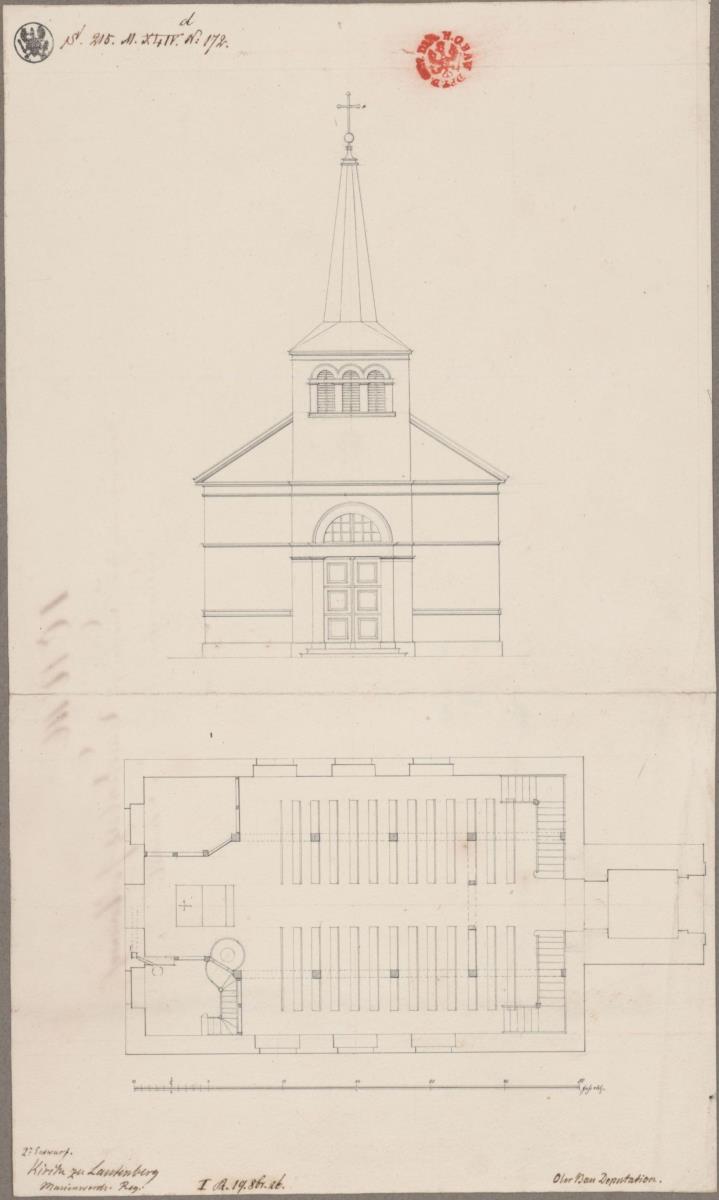 Lautenburg (Lidzbark), ehemals Kreis Strasburg, Regierungsbezirk Marienwerder (Województwo Warmińsko-Mazurskie). Entwurf zur  evangelischen Kirche. Grundriss und Vorderansicht