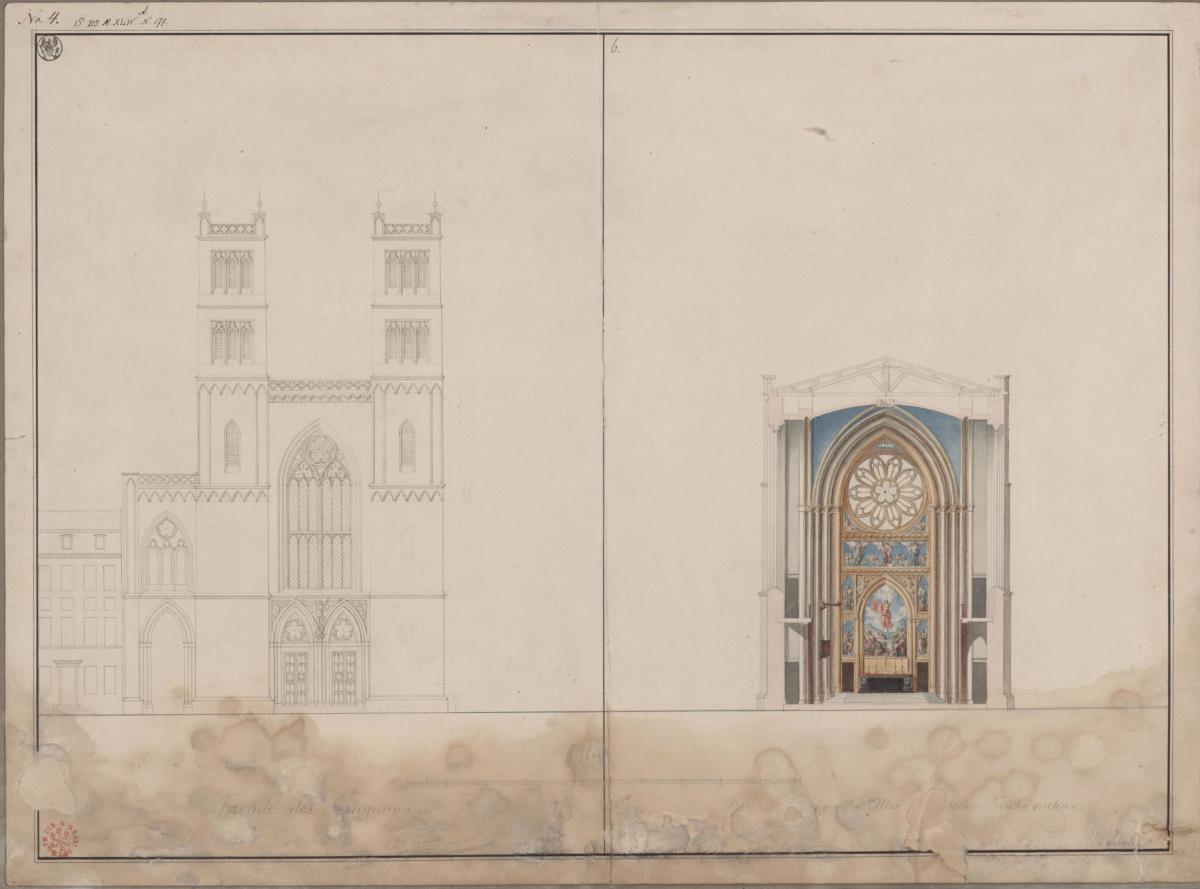Berlin. Friedrichswerdersche Kirche. Aufriss der Südseite und Aufriss der Trennwand