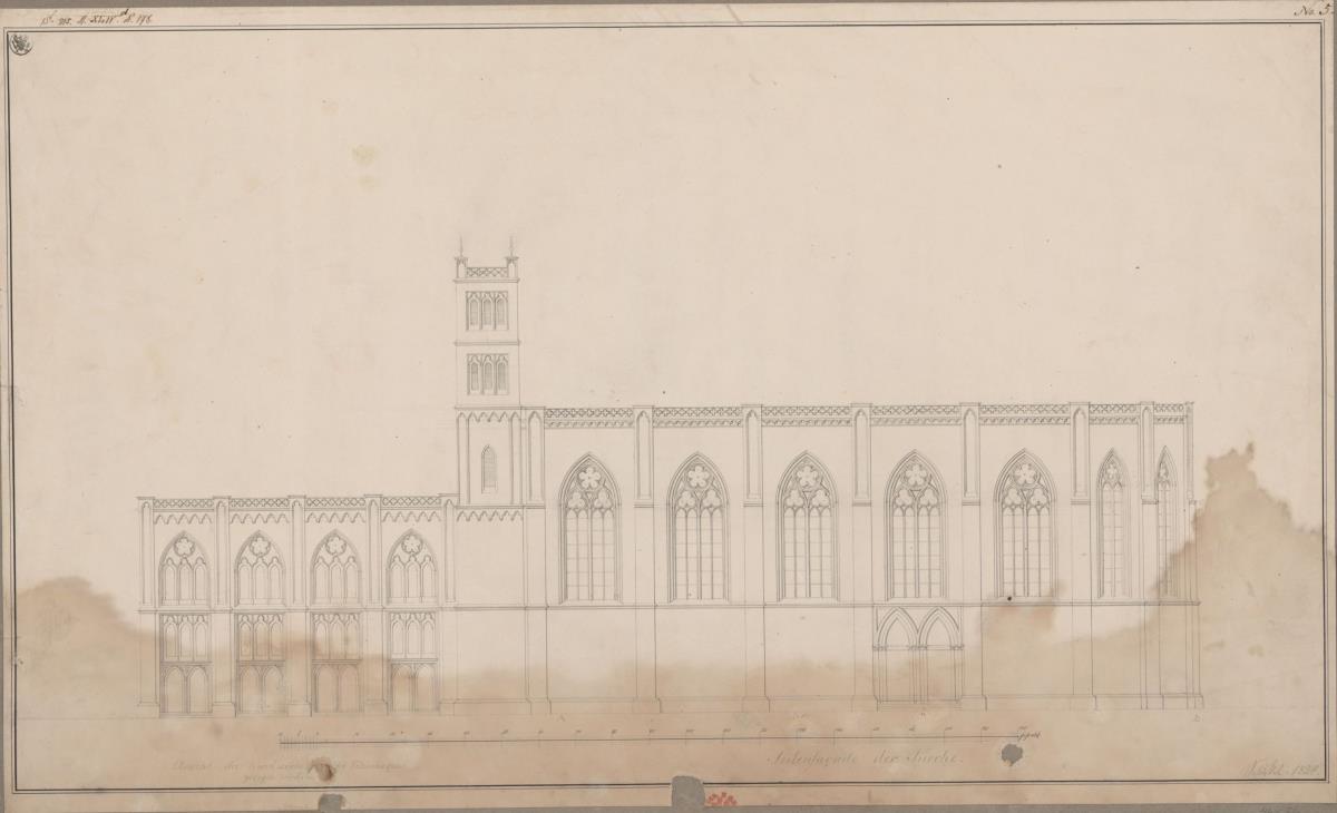 Berlin. Friedrichswerdersche Kirche. Aufriss der Längsseite mit Giebelwand zur Falkoniergasse
