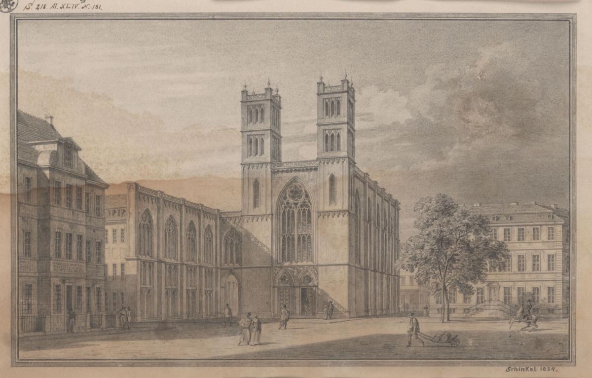 Berlin. Friedrichswerdersche Kirche. Perspektivische Ansicht mit Giebelwand zur Falkoniergasse