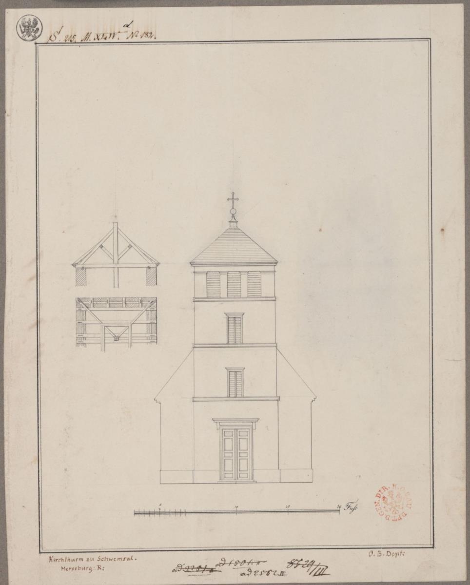 Schwemsal bei Bitterfeld. Entwurf zu einem Kirchturm. Vorderansicht, halber Grundriss und Profil der Spitze