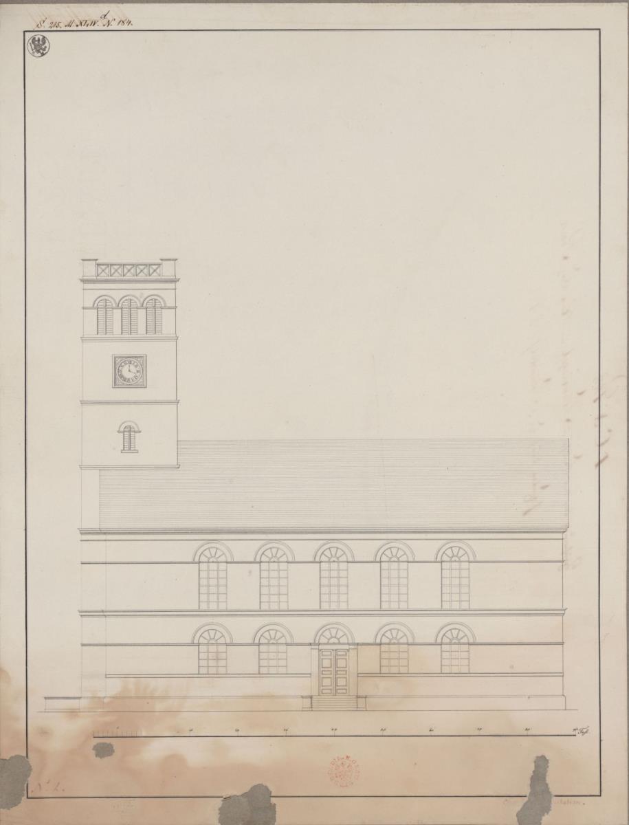 Schmiegel (Śmigiel, Regierungsbezirk Posen). Entwurf zur evangelischen Kirche. Aufriss der Seitenfassade