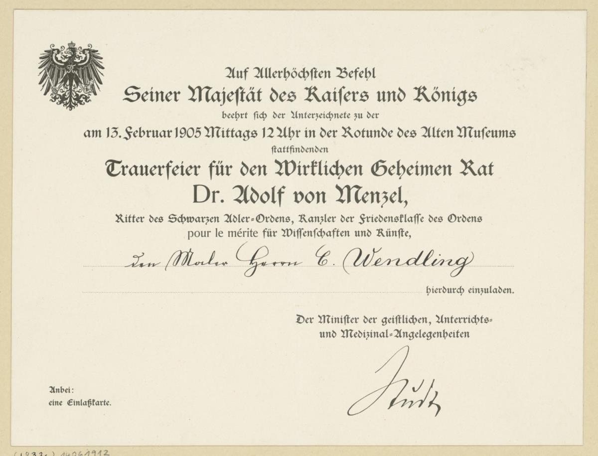 Trauerfeier für den Wirklichen Geheimen Rat Dr. Adolf von Menzel