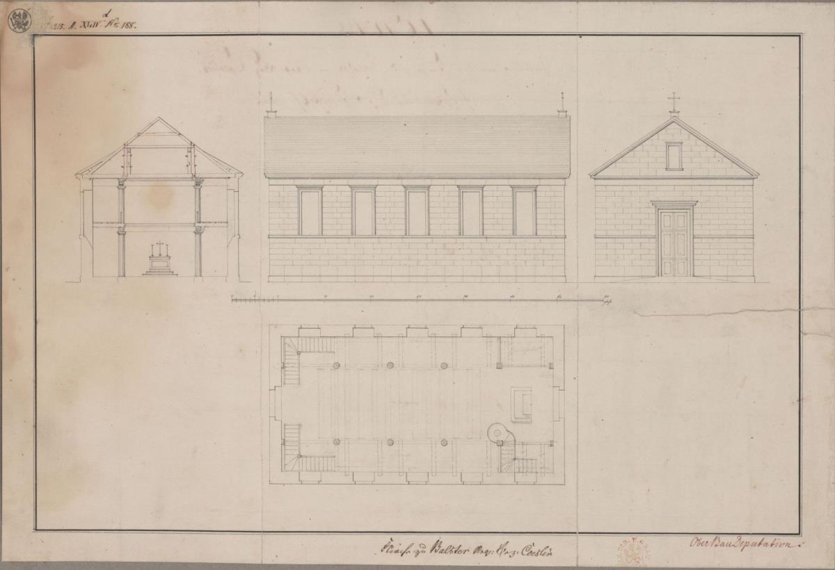 Balster, ehemals Kreis Dramburg, Regierungsbezirk Köslin (Województwo Zachodniopomorskie). Entwurf zu einer Kirche. Grundriss, Querprofil, Seiten- und Vorderansicht
