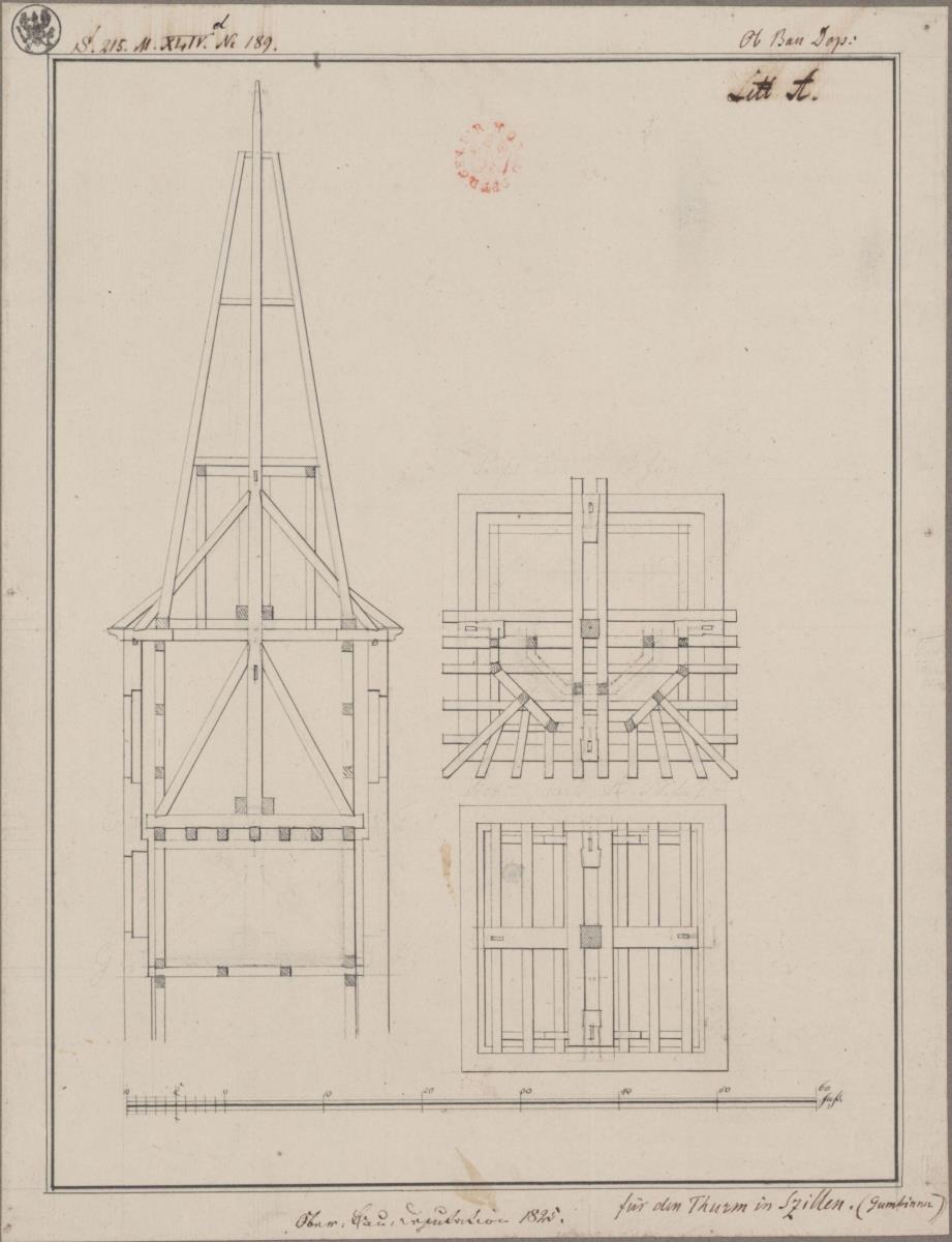 Szillen (Schilino), ehemals Kreis Tilsit, Regierungsbezirk Gumbinnen (Rayon Njeman). Konstruktion des Turmhelms der evangelischen Kirche. Grundriss und Durchschnitt der Spitze