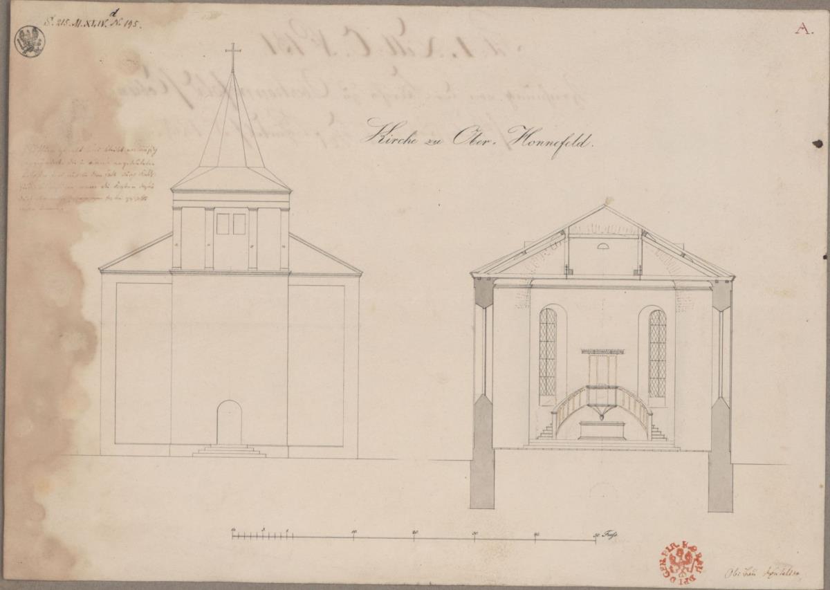Oberhonnefeld bei Neuwied. Entwurf zu einer Kirche. Vorderansicht und Querprofil