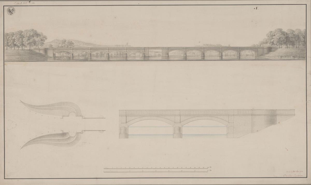 Potsdam. Glienicker Brücke über die Havel. Ansicht, Aufriss und Lageplan
