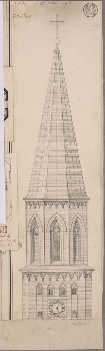 Züllichau (Sulechów). Entwurf zur Wiederherstellung der Stadtkirche. Aufriss des Turmes