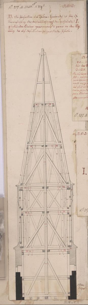 Züllichau (Sulechów). Entwurf zur Wiederherstellung der Stadtkirche. Querschnitt des Turmes