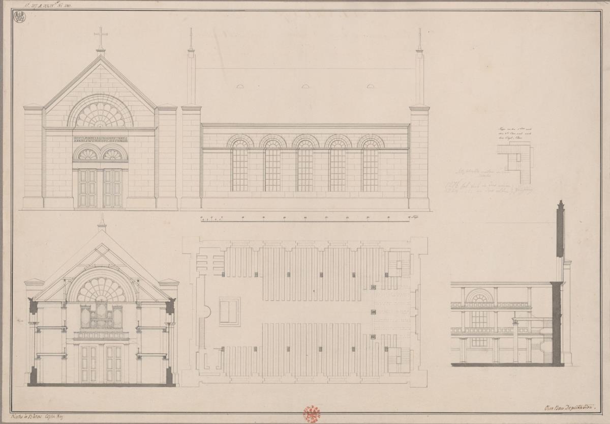 Bütow. Entwurf zu einer Kirche. Grundriss, Ansicht, Profile, Chor und Orgeltreppen