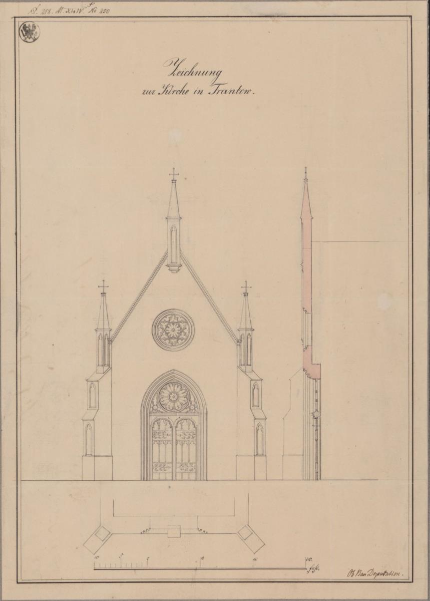 Trantow bei Greifswald. Entwurf zum westlichen Giebel einer Kirche. Grundriss, Ansicht und Profil