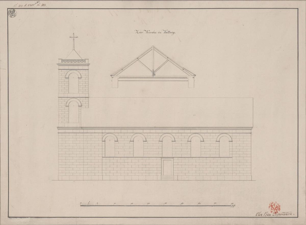 Essen, Kettwig. Entwurf zur katholischen Kirche St. Peter. Seitenansicht und Profil des Dachs