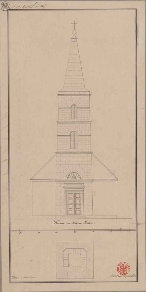 Klein Dexen (Dextry), ehemals Kreis Preußisch Eylau, Regierungsbezirk Königsberg. Entwurf zum Kirchturm der evangelischen Kirche. Ansicht und Grundriss