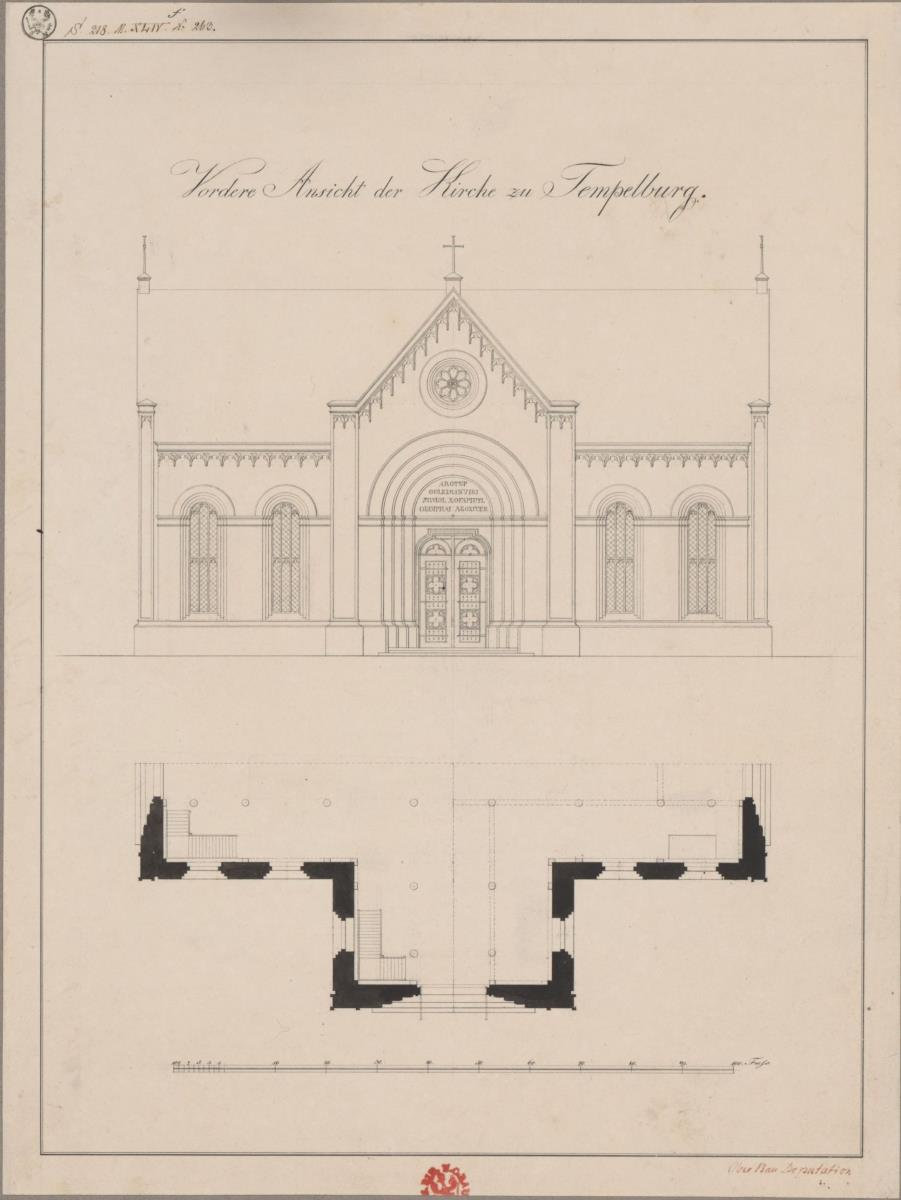 Tempelburg (Czaplinek), ehemals Kreis Neustettin, Regierungsbezirk Köslin (Województwo Zachodniopomorskie). Entwurf zu einer Kirche. Vorderansicht und Teil des Grundrisses