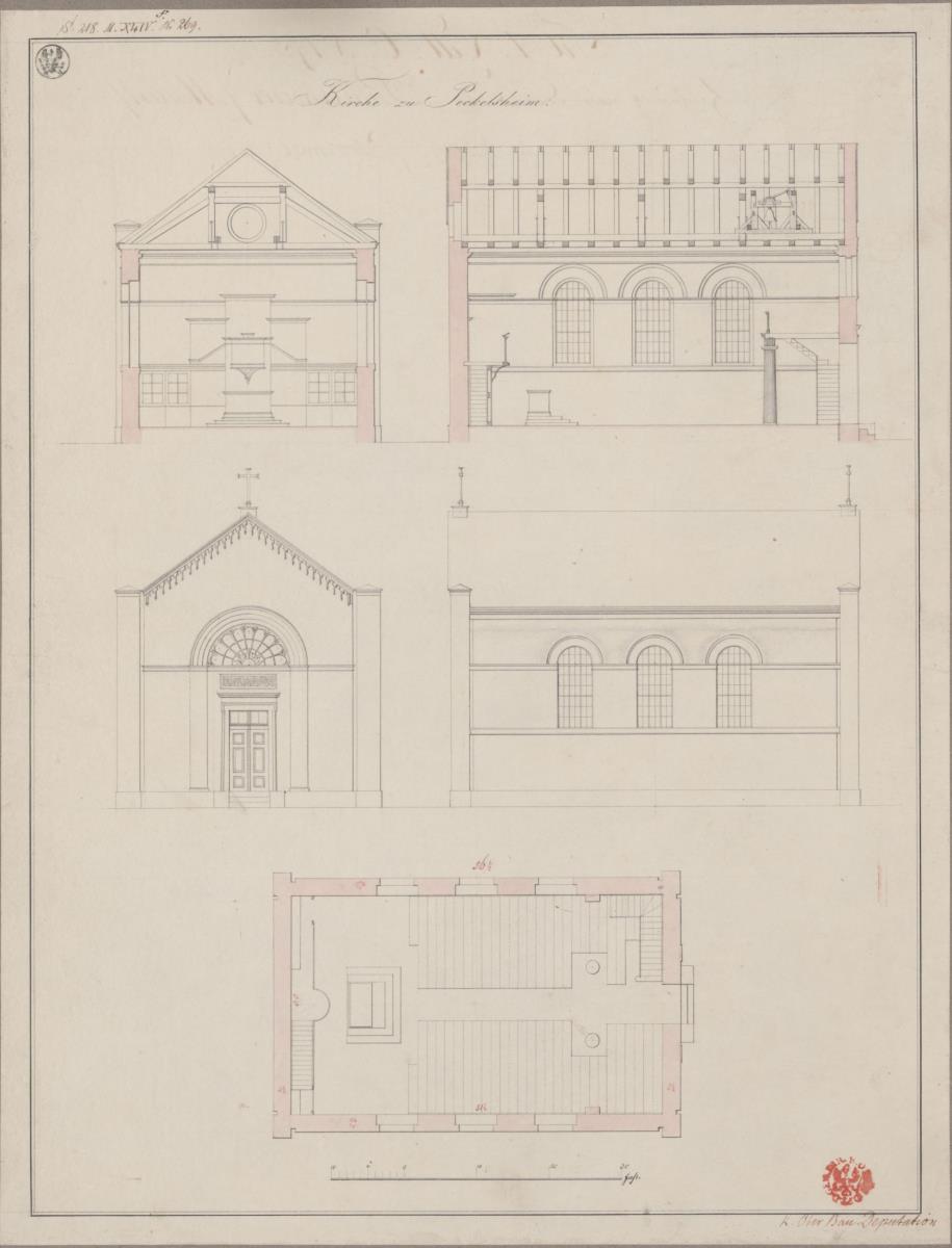 Peckelsheim. Entwurf zu einer Kirche. Grundriss, Seiten- und Vorderansicht, Längen- und Querprofil
