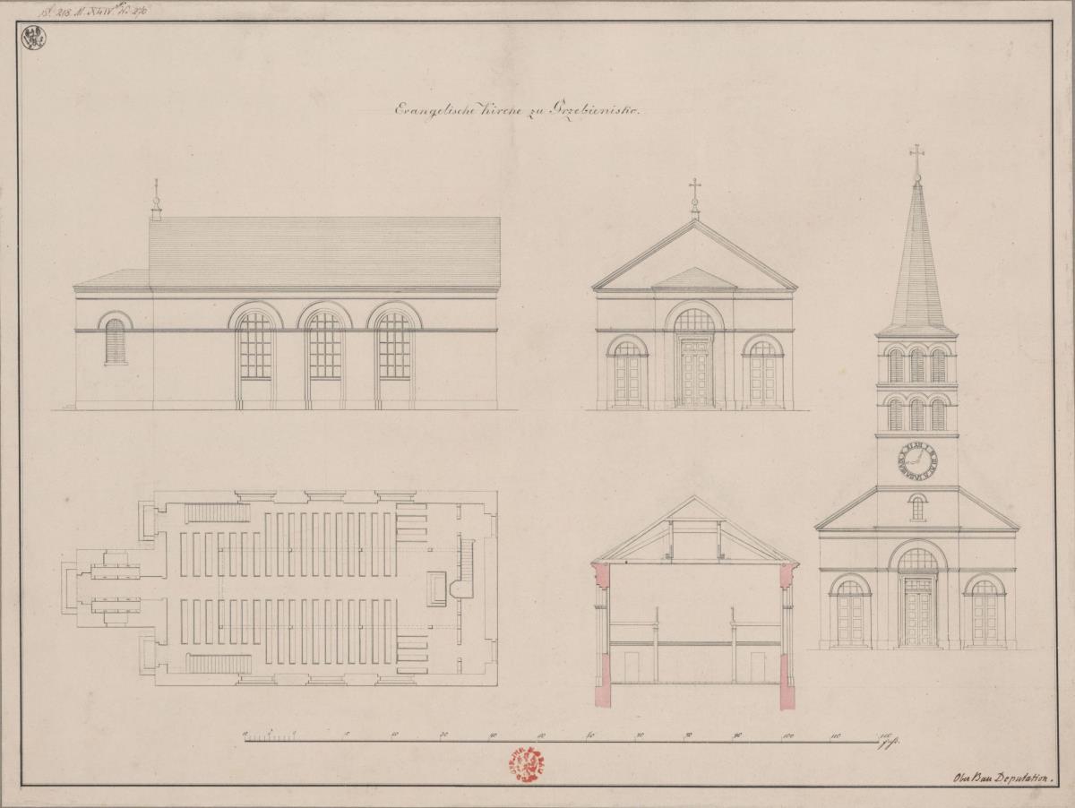 Grzebienisko, ehemals Kreis Buk, Regierungsbezirk Posen (Województwo Wielkopolskie). Entwurf zur evangelischen Kirche. Grundriss, Seitenansicht, Vorderansichten und Querprofil