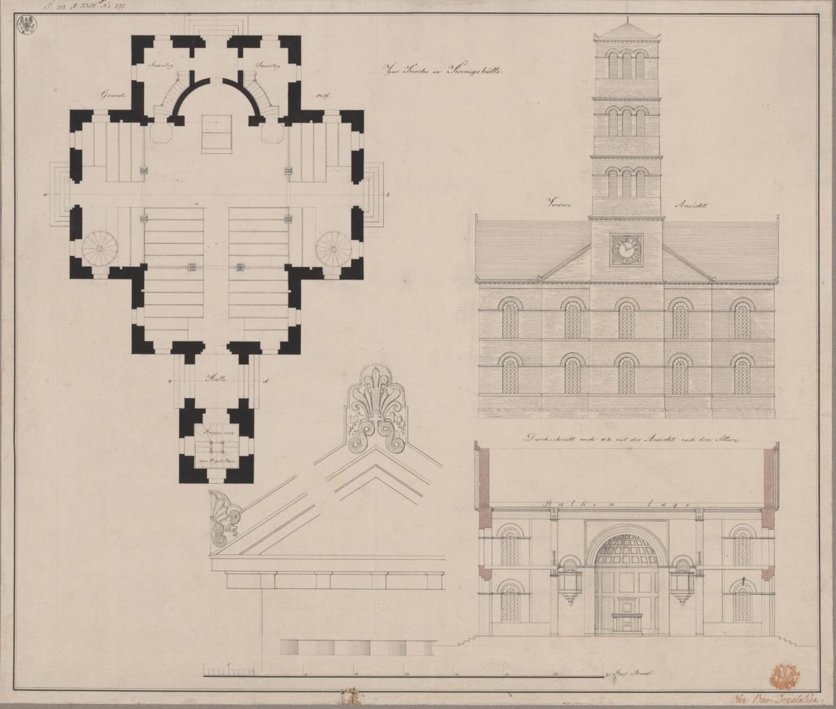 Königshütte (Chorzów, Regierungsbezirk Oppeln). Entwurf zur Elisabethkirche. Grundriss, Aufriss, Querschnitt und Detail des Giebels